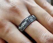 8 mm Wide Unique Design Bridal Gothic Skull Wedding Ring, Punk Style Biker Ring, Black CZ Sterling silver, Anniversary Ring, Eternity Band