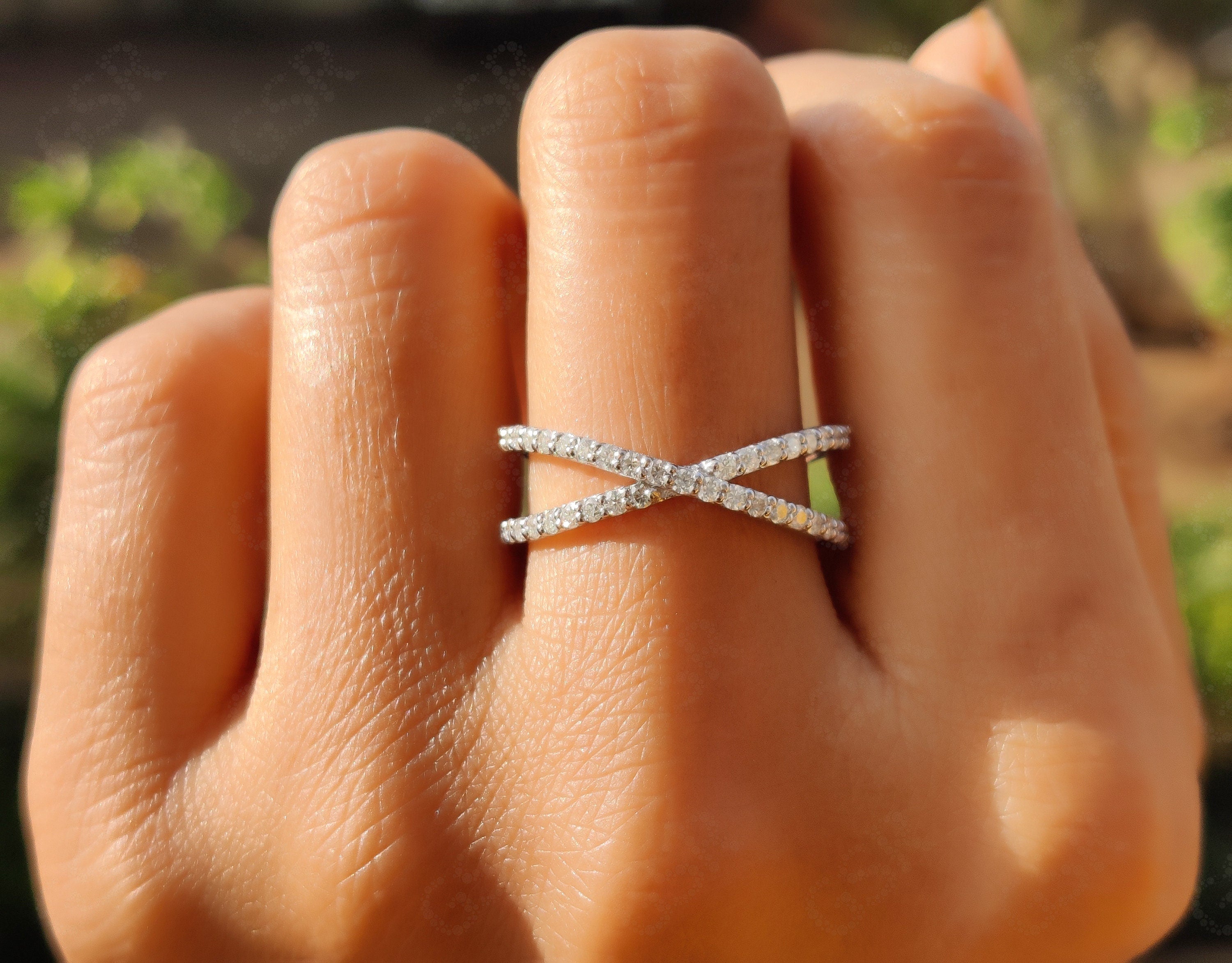 Criss Cross Round Moissanite Eternity Band - X Shaped Wedding Ring - Minimalist Design - Overlapping Dainty Ring