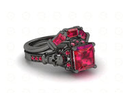 2.90 Ct Gothic Skull Princess Vintage Engagement Wedding Ring Set, Birthstone July Ruby gemstone ring, Matching Band, Ring Set For Women