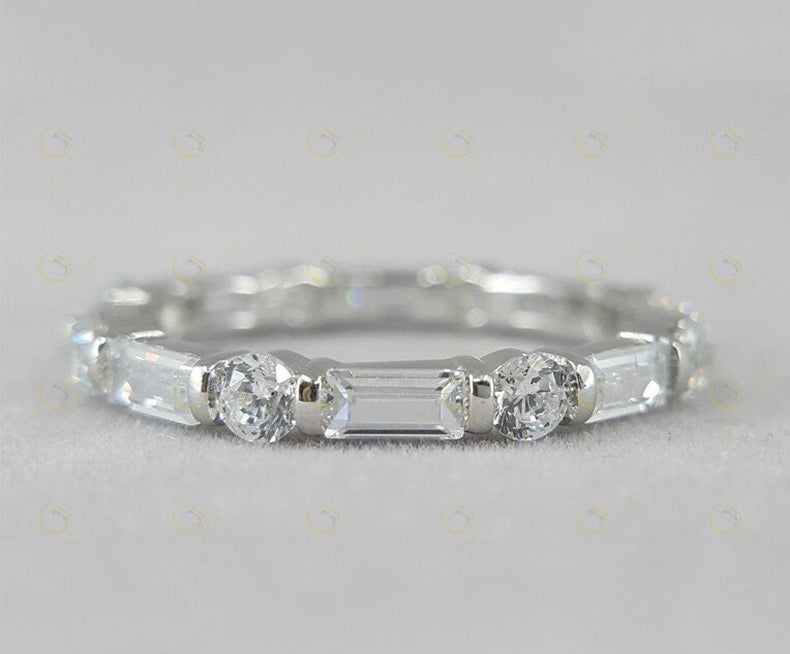 Alternating Band, Baguette And Round Full Eternity Band, Bridal Wedding Bands Women, Moissanite Stackable Ring, Anniversary Matching Band