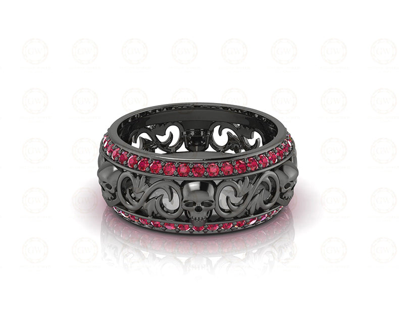 8 mm Wide Floral Unique Gothic Skull Wedding Band, Birthstone Ring, July Ruby gemstone ring, Nature Inspired Eternity Band, Sterling Silver