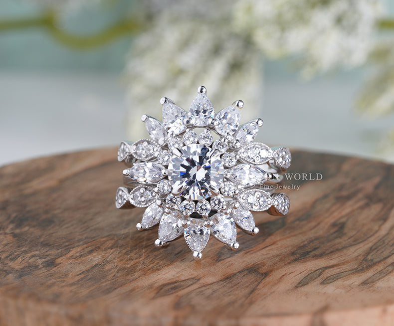 Starburst Engagement Enhancer Guard Ring, Round Marquise & Pear Moissanite Vintage Bridal Ring Set, Women Enhancer Wrap Wedding Ring