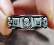 7 mm Wide Men's Gothic Skull Wedding Band, Punk Style Biker Ring, Unique Jewelry, Black CZ Sterling silver, Anniversary Ring, Eternity Band