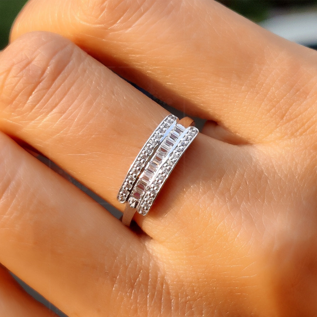 Timeless Sparkle: Moissanite Baguette and Round Cut Wedding Band for Anniversaries, a Minimalist Delight in Silver and Gold