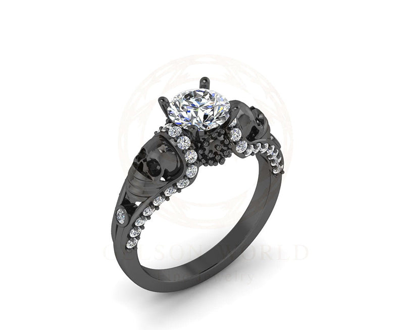 Unique Gothic Skull Engagement Ring, Two Skull Ring, Round Simulated Diamond, Black Skull Head With Mask, Women Skull Ring, Propose Ring