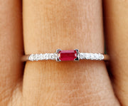 Elegant Horizontal Baguette Ruby Ring - Stylish Sideways Baguette Design - Dainty July Birthstone Beauty - Perfect Ruby Stacking Ring for Minimalist Stackable Rings Women