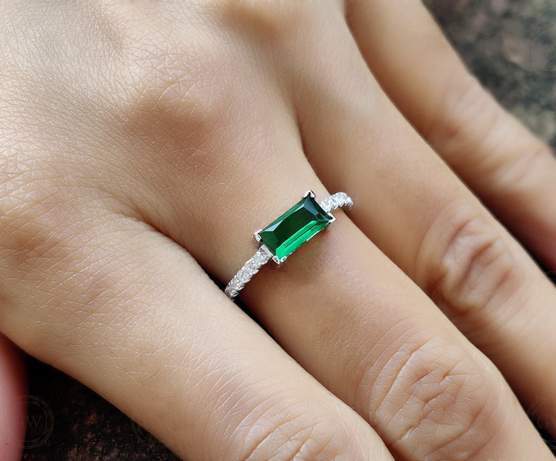 Gemstone engagement ring, Green Emerald Baguette Stacking Rings, Rings for women, Sterling silver, Birthstone Jewelry