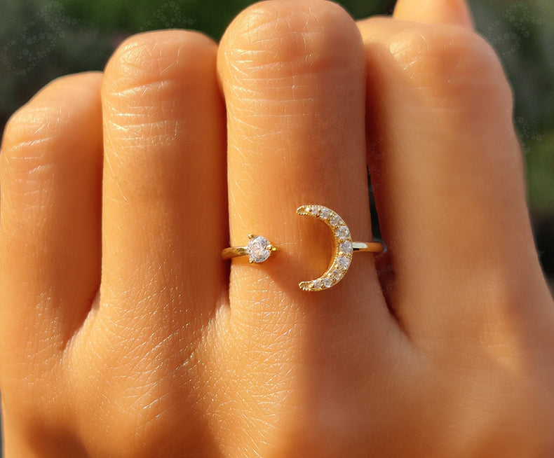 Crescent Moon Moissanite Ring - Double Horn Open Design - Diamond Stacking Rings - Promise Ring - Stackable