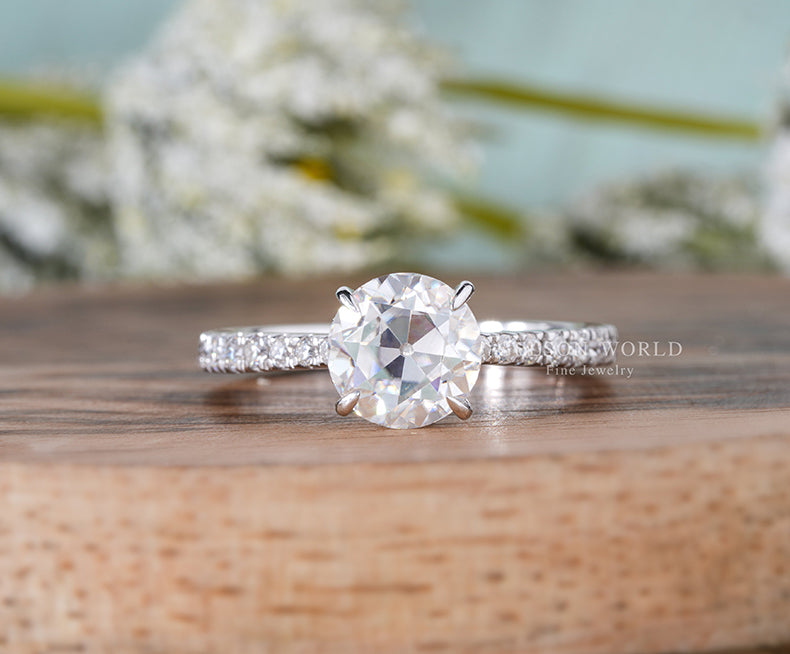 1.5Ct Round Cut Old European Cut Moissanite Engagement Ring, Tulip Set Old Mine Cut Solitaire Ring, Vintage Style Promise Rings For Women