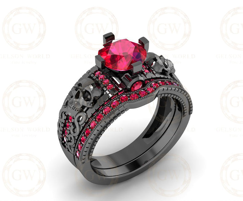 1.75 Ct Gothic Skull Bridal Wedding Ring Set, Unique Ruby July Birthstone Vintage Engagement ring set, Matching Band for her, Black Skull