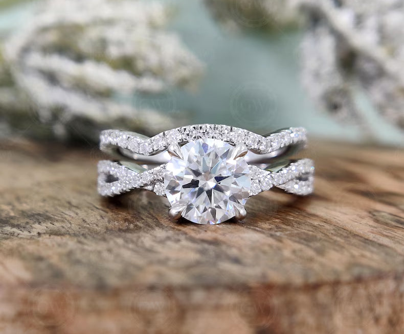 Round Moissanite Twisted Wedding Ring Set, Bridal ring Set, Matching Band, Engagement Ring, Eternity Band, Promise Ring, Sterling Silver