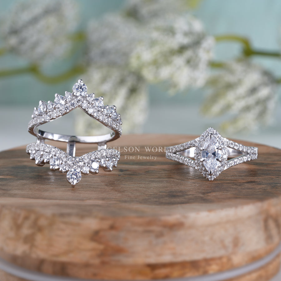 Enhancer Wedding Ring Sets For Women, Moissanite Ring Guard Set Marquise Halo Ring Jacket Set