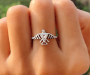 Eagle Spirit Soars: Native American Eagle Phoenix Ring – A Silver and Gold Moissanite Ring Featuring Majestic Eagle Symbolism, Perfect as a Unique Jewelry Piece, a Dainty Minimalist Ring for a Symbolic Touch