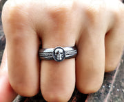 Unique Gothic Skull Bridal Men's Wedding Band, Anniversary Ring, Modern Design, Promise Band, Punk Signet Ring, Black Sterling Silver