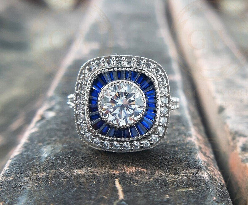 Sapphire Target Ring, Double Halo Engagement Ring, Vintage Milgrain Ring, Unique Art Deco Ring For Women, Moissanite Bezel Set Round Ring