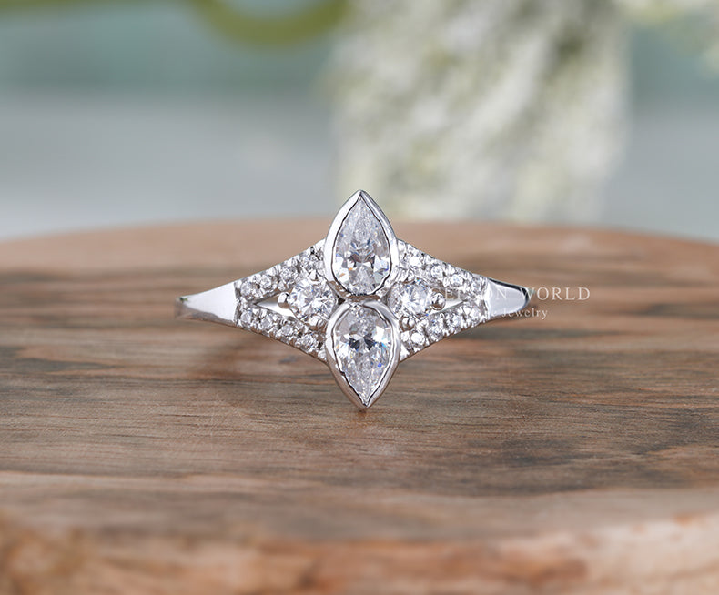 Double Pear Shaped Moissanite Ring, Unique Teardrop Engagement Ring, Split Shank Ring, Promise Rings For Women, Inspired By Tear Of Two Eye