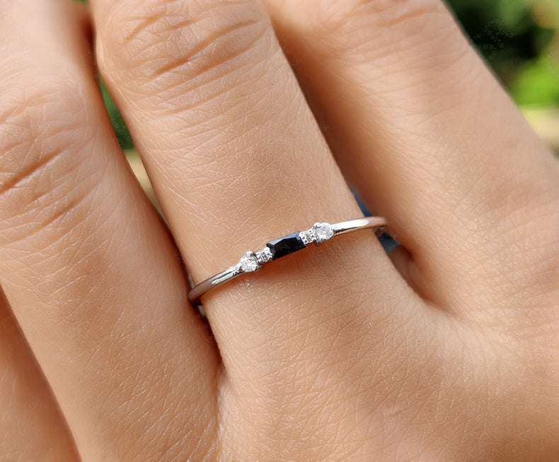 Timeless Beauty: Black Baguette Diamond Stacking Ring - A Minimalist Diamond Birthstone Ring for Women