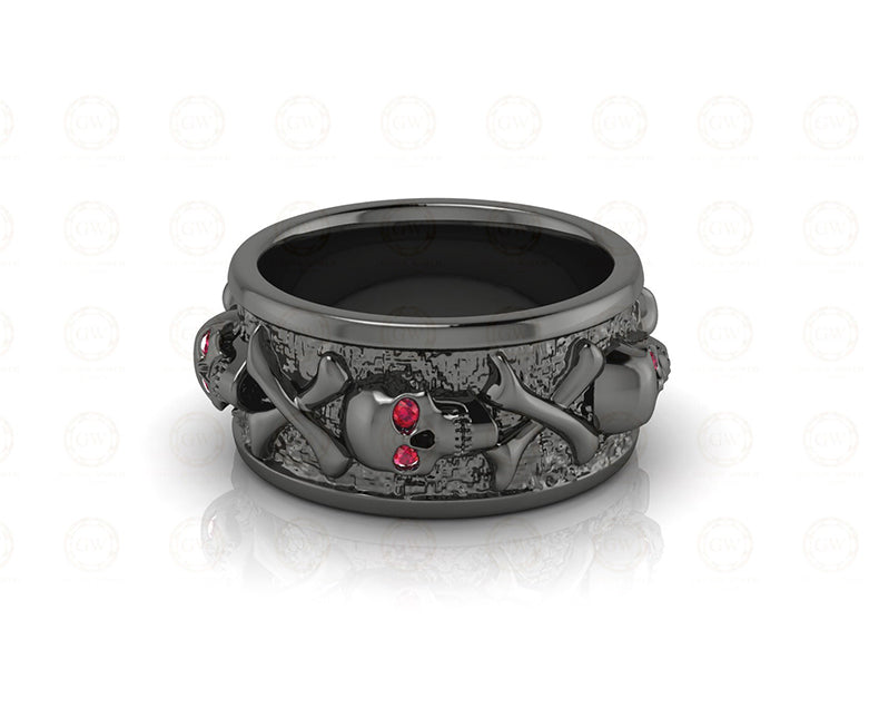 Skull Wedding Band, 10 mm Wide Unique Punk Biker Gothic Skeleton Skull Cross Bone Death Eternity Band, Birthstone July Ruby gemstone ring