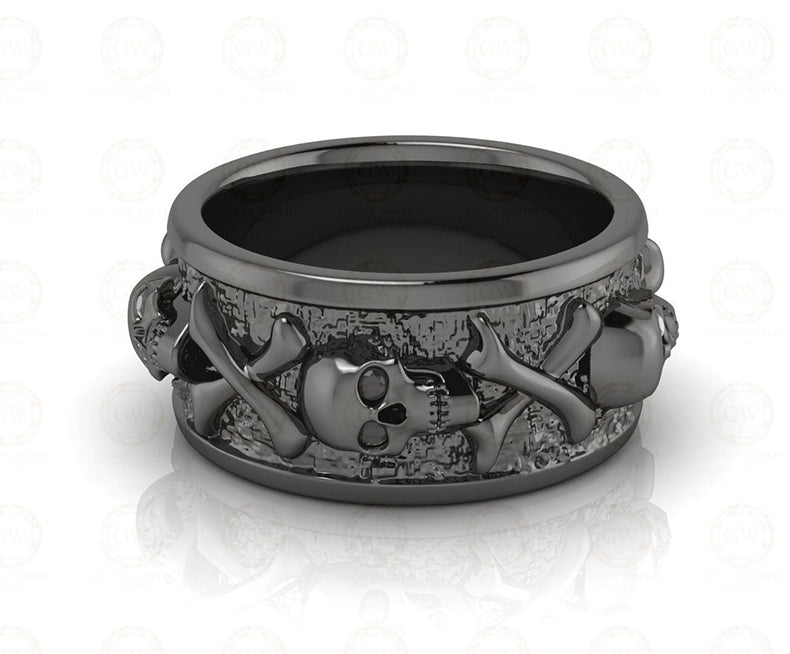 10 mm Wide Unique Punk Biker Gothic Skeleton Mens Skull Cross Bone Death Cocktail Ring, Sterling Silver, Custom Full Eternity Band