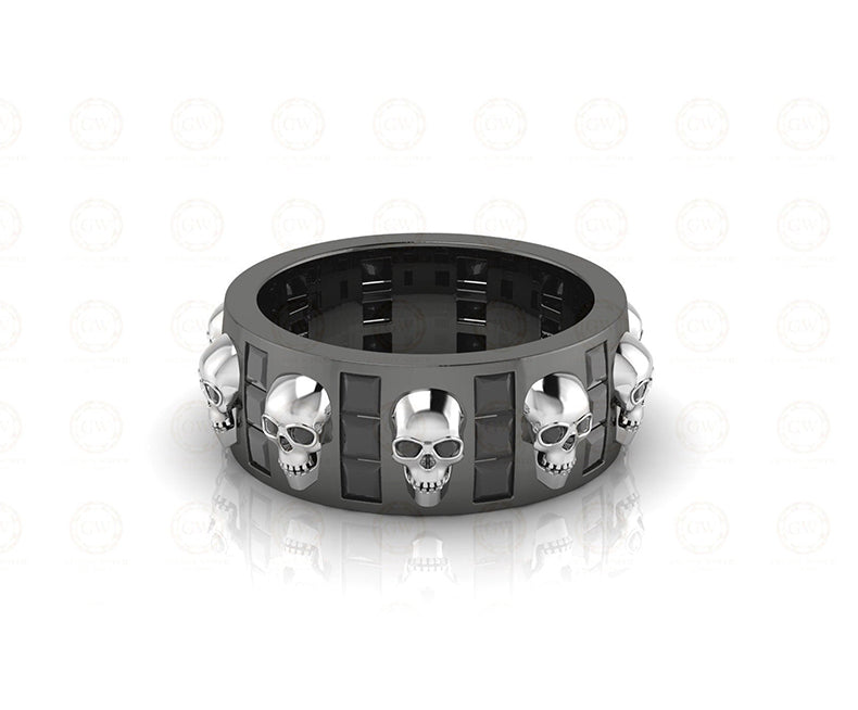 8 mm Wide Unique Gothic Skull Wedding Band, Full Eternity Ring, Simulated Diamond, Sterling silver, Anniversary Ring, Band for Mens & Women