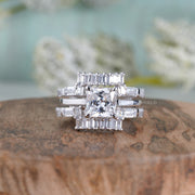 Silver and Gold Moissanite Bridal Ring Set, Baguette Ring Jacket