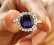 Blue Sapphire Cushion Shape Halo Engagement Ring For Women in 925 Sterling Silver