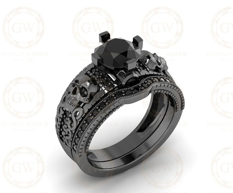 1.75 Ct Gothic Skull Bridal Wedding Ring Set, Round Black Diamond, Unique Skull Vintage Engagement ring set, Stacking Matching Band for Her