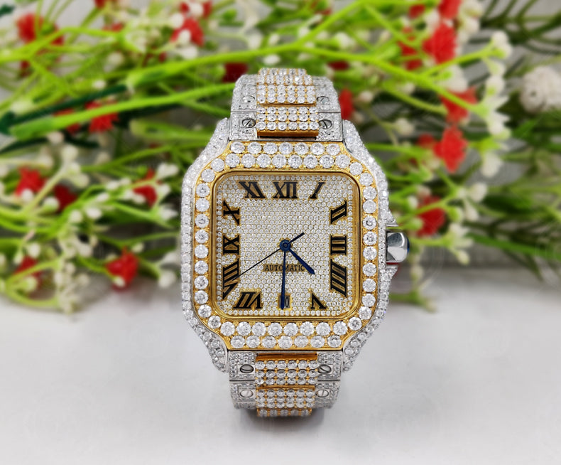 Buss Down VVS Moissanite Diamond Fully Automatic Luxury Watch iced out Hip Hop watches Two Tone (Yellow)