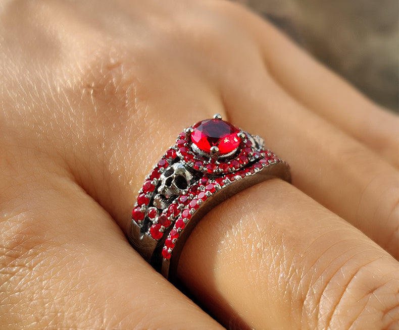 Gothic Skull Wedding Ring Sets, Two Skull Split Shank Halo Engagement Ring, Ruby CZ, Black Rhodium Plated, Matching Band, Gift For Her