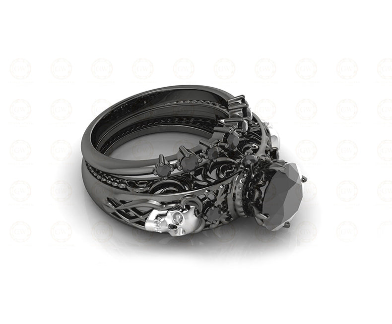 2.15 Ct Unique Gothic Skull Round Floral Vintage Bridal Engagement Ring Set, Black Man Made Diamond, Sterling silver, Matching Wedding Band