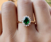 Emerald Halo Engagement Ring, Green Gemstone Rings For Women, May Birthstone Ring, Oval Emerald Halo Ring Gold Anniversary Ring Promise Ring
