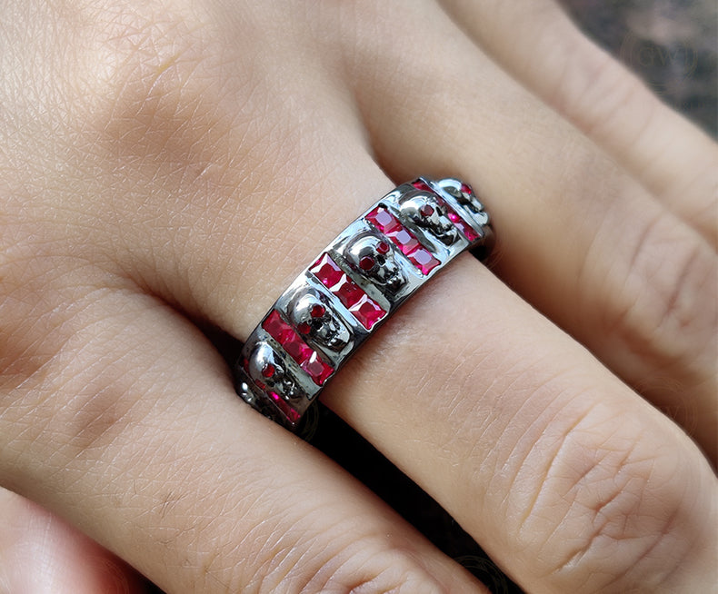 8 mm Wide Unique Gothic Skull Wedding Band Sterling Silver, Full Eternity Ring, Birthstone Ring, Ruby gemstone ring, Band for Men & Women