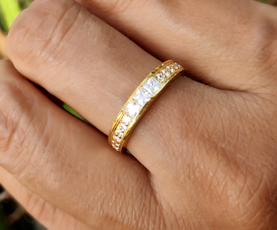 Princess Moissanite Anniversary Ring - Elevate Your Wedding Band Game with this Silver and Gold Beauty, a Stackable Promise Ring Perfectly Designed for Women, Complete with a Matching Band