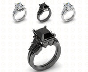 5.30 Ct Gothic Skull Bridal Wedding Ring Set, Emerald Cut Black CZ Diamond, Unique Skull Engagement ring set, Stacking Matching Band for Her