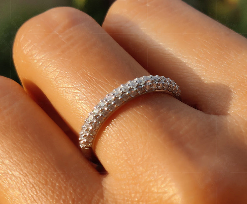 Three Row Micropavé Moissanite Diamond Eternity Wedding Band: Silver and Gold Half Eternity Ring for Her