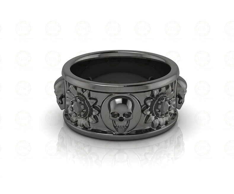 10 mm Wide Nature Inspired Unique Gothic Skull Wedding Band, Simulated Diamond, Sterling silver, Anniversary Ring, Floral Eternity Band