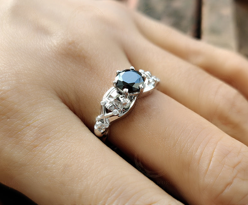 1.05 Ct Unique Skull Engagement Ring, Gothic Wedding ring, Skull women ring, 925 Sterling Silver, Round Black CZ