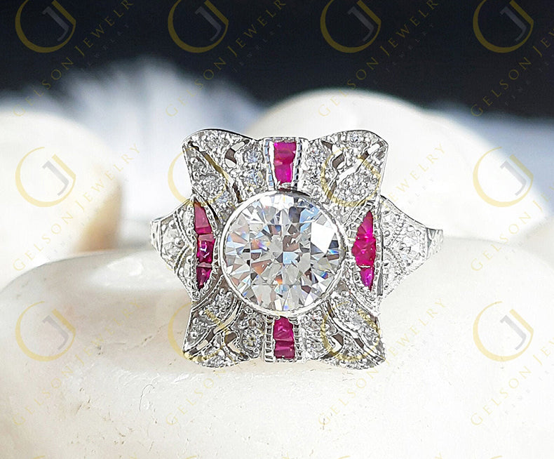 Edwardian Style Dinner Ring vintage reproduction 2.15 Ct Round Cut Near White Moissanite & Baguette Ruby ring antique vintage Style Ring