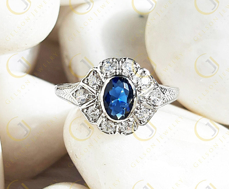 Art deco Engagement Ring, Oval Blue Sapphire Simulated Diamond, Vintage wedding ring, Sterling Silver, Promise ring, Gift for Her