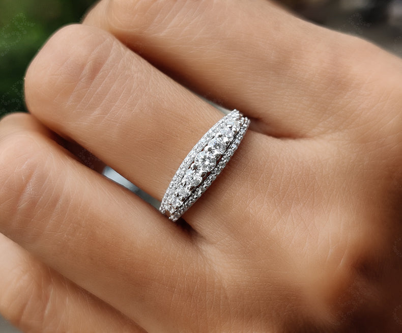 Silver and Gold 3 Row Stackable Anniversary Ring with Round Moissanite - Unique Dainty Minimalist Ring