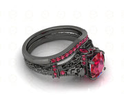 2.40 Ct Unique Gothic Skull Cushion Cut Floral Vintage Bridal Engagement Ring Set, Birthstone July Ruby gemstone Women ring, Matching Band