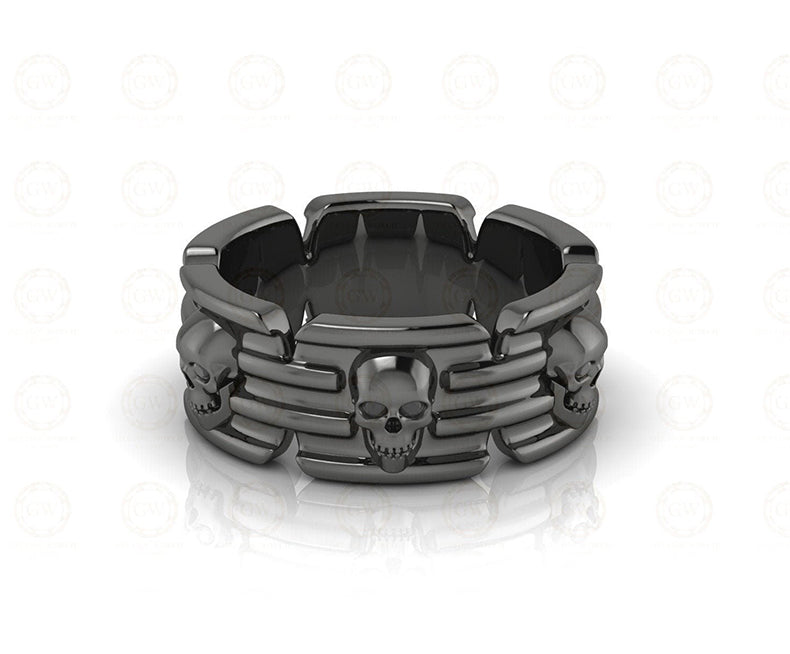 8 mm Wide Unique Gothic Skull Modern Wedding Band, Simulated Diamond, Black Sterling silver, Anniversary Ring, Eternity Band for Men & Women