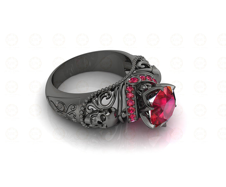 1.90 Ct Gothic Skull Round Floral Vintage Engagement Ring, Birthstone July Ruby gemstone ring, CZ Women ring, Sterling Silver, Wedding Ring