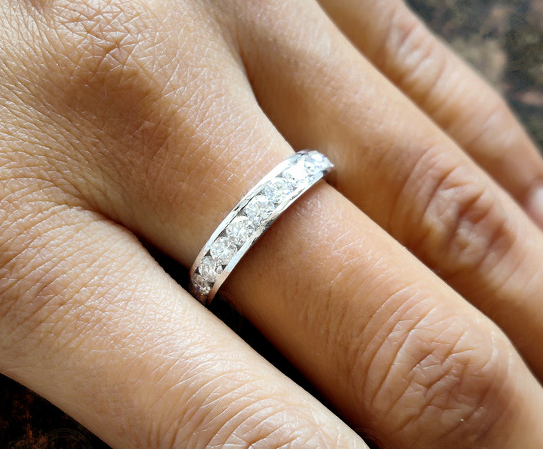 Round Moissanite Channel Set Wedding Band, Half Eternity Anniversary Wedding Ring For Her, Matching Band, Stackable Ring