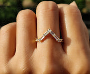 Elegant Gold Chevron Ring - V Shape Moissanite Wedding Band Beauty - Baguette Geometric Stacking Ring - Dainty Anniversary Gift Ring