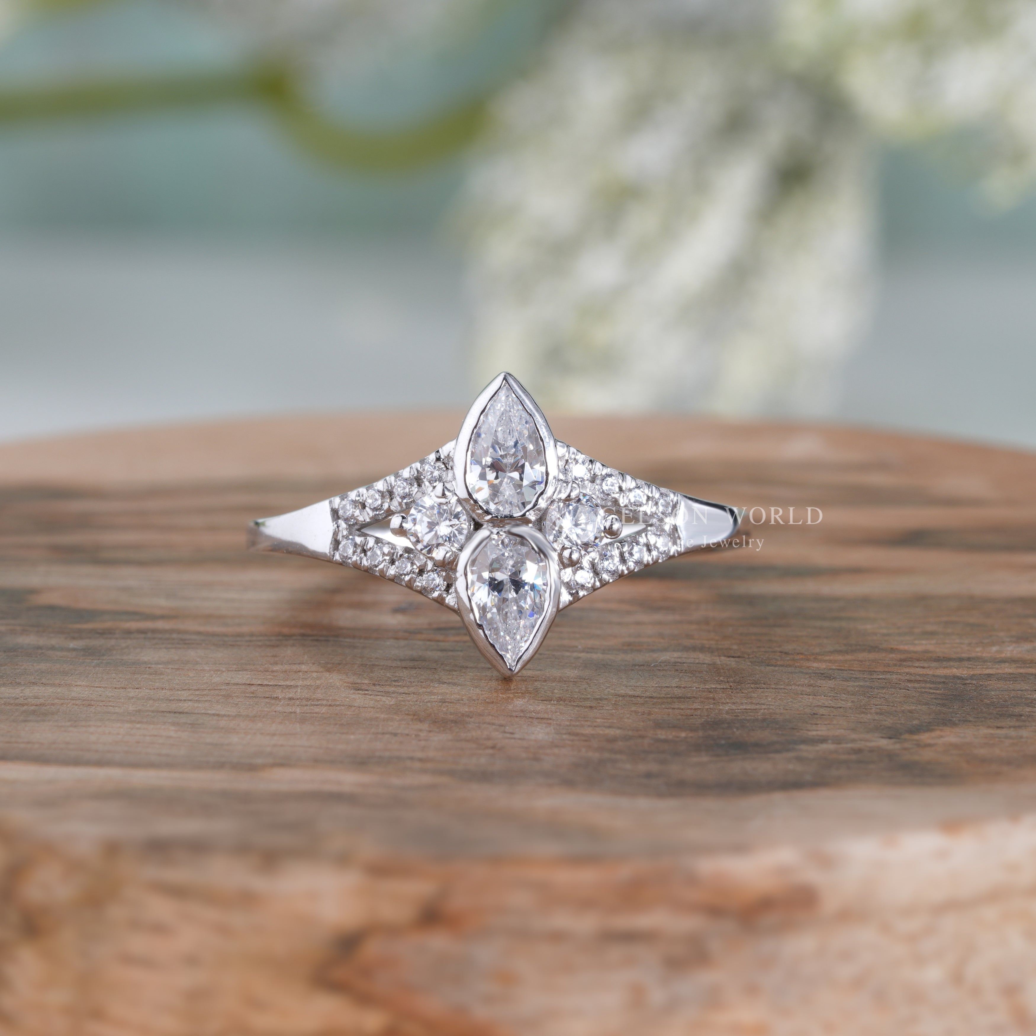 Double Pear Shaped Moissanite Ring, Unique Teardrop Engagement Ring
