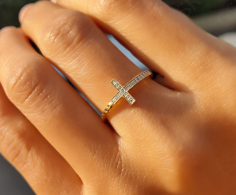 Sacred Beauty: Christian Cross Ring in Silver and Solid Gold, a Sideways Religious Ring with Cable Twists and Round Moissanite