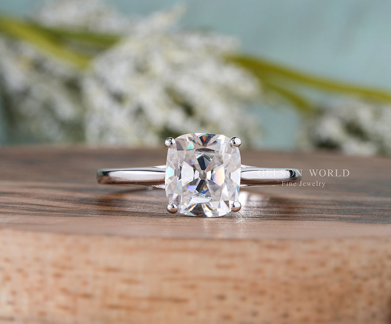 Elongated Old Mine Cut Cushion Cut Ring, Old European Cut Moissanite Solitaire Engagement Ring, Antique Vintage Promise Rings For Women