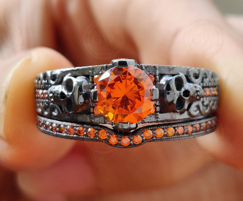 Unique Gothic Skull Bridal Wedding Ring Set, Fire Opal Birthstone Vintage Engagement ring set, Matching Band for her, Black Skull