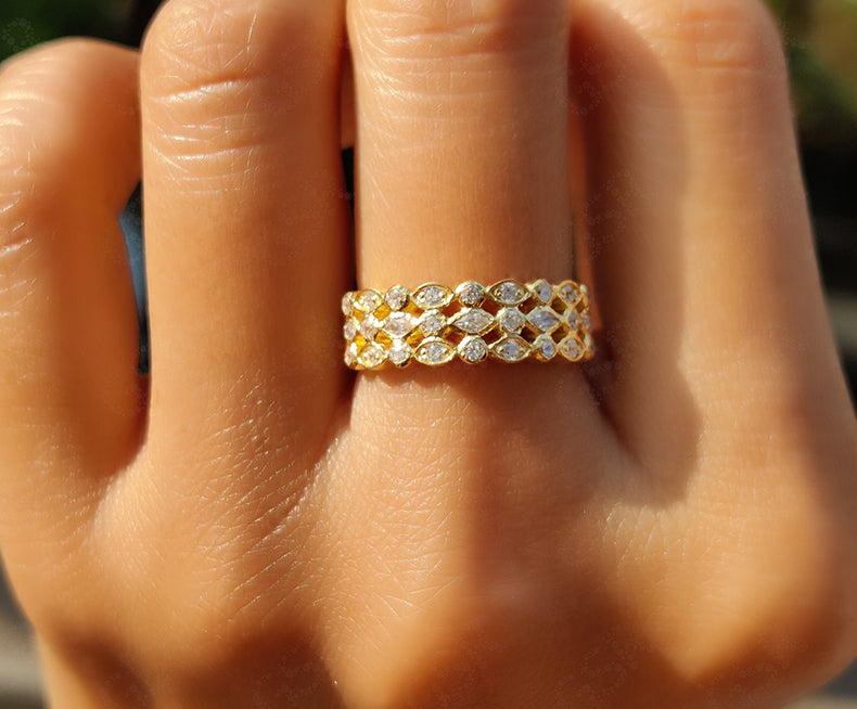 Multi Stone Moissanite Anniversary Ring - 3 Row Silver and Gold Stacking Band